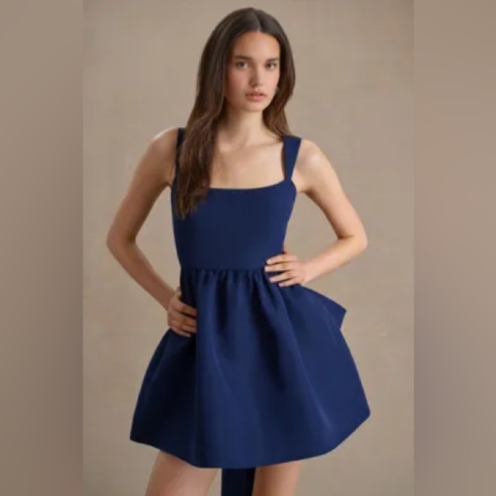 SACHIN + BABI Blaine Taffeta Square Neck Bow Train Mini‎ Dress BHLDN Navy